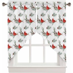 Swag Curtain,Red Cardinals Pine Cone Branch Christmas Flower Kitchen Valances Rod Pocket Curtains Tier Pair Swag Topper,Winter Bird on White 2 Panels Window Treatment for Bathroom Living Room Bedroom