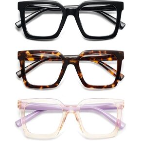 AMOMOMA 3 Pack Retro Square Spring Hinge Reading Glasses for Women Men,Classic Blue Light Computer Reader Frame AM6106