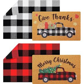 Geelin 4 Pcs Christmas Door Mat Truck Front Door Rug Red Black Buffalo Plaid Rug Give Thanks and Merry Christmas Rubber Baking Porch Mat for Fall Thanksgiving Outdoor Indoor Home Decor Farmhouse