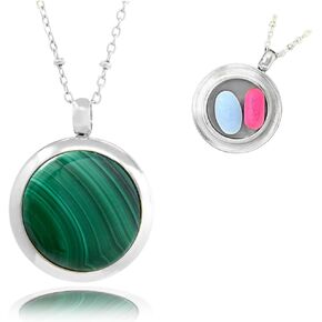 Round Pill Locket Necklace, Secure Waterproof Closure Med Box Jewelry, Holder for Medication, Photo, Medicine or Keepsake, 26" Chain (Silver with Malachite)