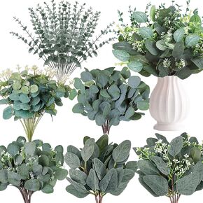 120 Pcs 6 Kinds Mixed Eucalyptus Leaves Stems Bulk Artificial Silver Dollar Eucalyptus Leaves Picks Dried Eucalyptus Bundle Faux Spray for Wedding Vase Bouquet Floral Arrangement Decor