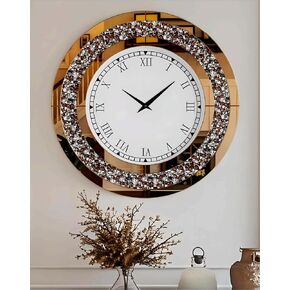 Crushed Diamond Wall Clock: 24 inch Round Decorative Mirrored Clock with Brown Glass Beveled Mirror Edge Frame and Bling Diamonds, Art Deco Home Modern Decoration for Livingroom