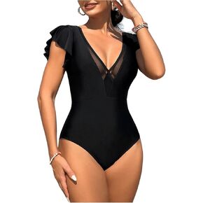 Floerns Women's One Piece Swimsuit Mesh V Neck Flounce Cap Sleeve Bathing Suit