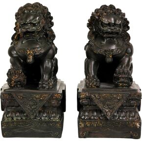 Red Lantern 9" Statues (Set of Two) Foo Dog, Black
