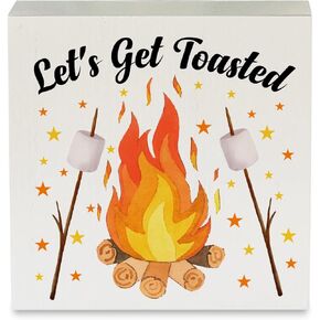 Let's Get Toasted Campfire Wood Box Sign Rustic Campfire Camping Wooden Box Sign Decorative Country Sign Block Plaque for Home Desk Table Shelf Decor 5"x 5"