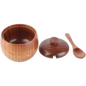 Solid Wood Spice Bowl, Japanese Wood Salt Box, Seasonings Storage Container with Spoon and Lid, Jar Sugar Round Wooden Seasoning Pepper Box Chili Condiment Dip Sauce Food Bowl