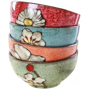 Ceramic Bowls For Kitchen, 28oz - Bowl Set of 4 - For Cereal, Salad, Pasta, Soup, Ramen, Serving etc - Dishwasher, Microwave, and Oven Safe - For Breakfast, Lunch and Dinner (Blue+Red+Green+Pink)