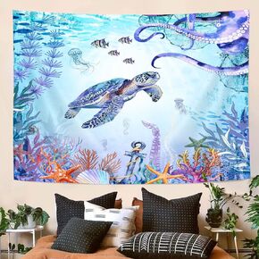 Sea Turtle Octopus Wall Tapestry for Bedroom Blue Teal Ocean Underwater Seaworld Seashell Jellyfish Sea Horse Room Decor Wall Hanging BackdropBeach Coastal Nautical Poster for Room Home Decor 60X40