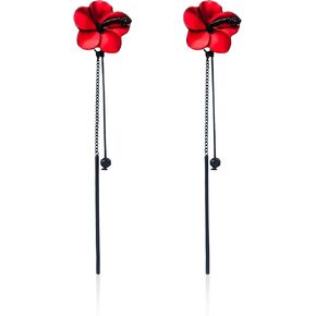 Chinese Trendy Red Green Poppy Flower Black Long Line Bar Tassel Earrings for Women Girls Charm Drop Dangle Earring Jewelry Elegant Statement