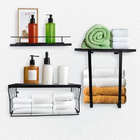 Bathroom Shelves Over Toilet for Wall，Floating Shelves Over Toilet Paper Holder，Wall Mounted Rustic Wood Storage Basket Shelves for Bedroom，Living Room & Kitchen, Black