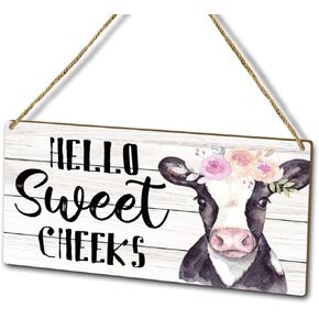 Pink Flower Cow Bathroom Décor Wood Plaque Sign Wall Hanging, Hello Sweet Cheeks, Home or Office Bathroom Decor Door Wooden Hanging Sign (1pc), Art Gift for Farmhouse Living Restroom Bathroom -23