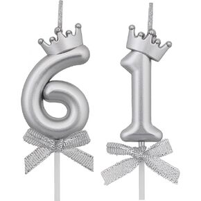 61 Birthday Candles, 61st Cake Candles, Silver Happy Birthday Number 61 Candles Cake Topper Decorations for Party Men Women