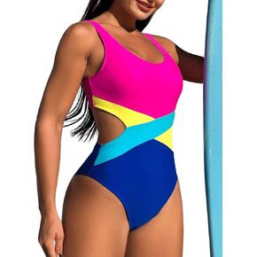 Floerns Women's One Piece Swimsuits Cut Out Waist Color Block Backless Swimwear