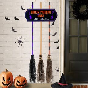 Porch Halloween Decorations - Halloween Broom Parking Sign with 3 Wooden Witches Brooms Decor - Witches Decoration Sign for Home Indoor Outdoor Front Porch Wall Office
