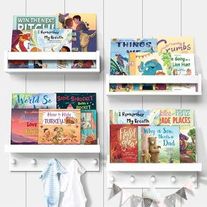 Ollieroo Set of Four Floating Book Shelves for Wall, Nursery Book Shelf for Kids Room, Bamboo Wood Hanging Bookshelf for Baby Teen Boys Girls, Wall Mounted Shelves for Bedroom Bathroom Decor(White)