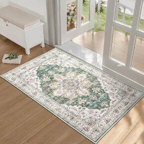 Washable Runner Rug 2x6, Ultra-Thin Kitchen Rug Runner Non Slip Boho Green Hallway Farmhouse Carpet Runner Low Pile Soft Bedroom Rugs for Entryway Bathroom Laundry Room Foyer