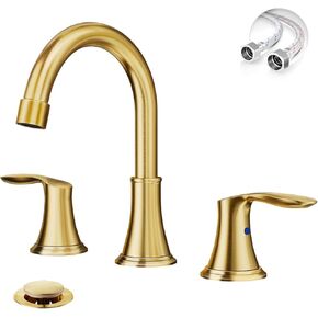 Phiestina Brushed Gold Widespread 8 Inch 3 Holes Bathroom Faucet，2 Handles Modern Bathroom Sink Faucet with Metal Pop-Up Drain & cUPC Water Supply Line, WFTY36-BG in Kuwait