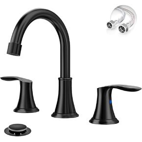 Phiestina Brushed Gold Widespread 8 Inch 3 Holes Bathroom Faucet，2 Handles Modern Bathroom Sink Faucet with Metal Pop-Up Drain & cUPC Water Supply Line, WFTY36-BG