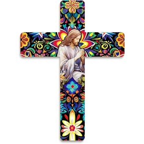 Putuo Decor Floral Cross Wall Decor Painted Decorative Wooden Inspirational Cross Spanish Style Wall Cross Decor Mexican Art Wall Decor Crucifix for Home Room Church Decoration