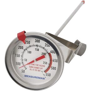 MEASUREMAN Deep Fry Thermometer 2"" dial Size, 12"" Stainless Steel Stem, Stainless Steel Adjustable clamp, Back red Reset Clip on Bezel, Tempered Glass Window, 50-550F/C, Accuracy: +/-2%"