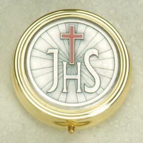 Gold Plate Eucharist PYX with IHS and Red Enamel Cross, 2 1/4 Inch