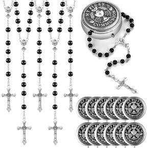ROCEEI 12 Pcs 6mm Glass Pearl Prayer Beads First Communion Rosary for Girls and Boys Rosary Beads Catholic for Women Men with Crucifix Rosary Necklace for Kids Baptism in Holy Cup Metal Box (Black)
