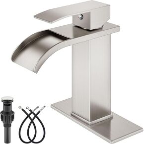 Waterfall Bathroom Faucets Single Hole Sink Faucet for 1 or 3 Hole Single Handle Vanity Farmhouse Basin with Deck Plate,with Pop-up Drain&Supply Lines,Brushed Nickel
