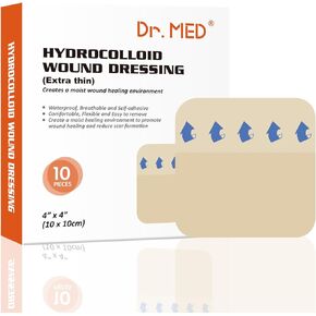 Hydrocolloid Wound Dressing Extra Thin 4"x4"-10 Pack/Box, Waterproof Adhesive Bordered Bandage, for Light Exudate, Abrasions, Pressure Ulcer, Bed Sore, Superficial Wound Care