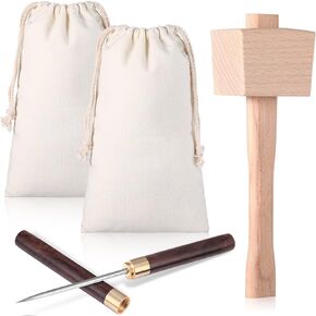4 Pcs Lewis Bag and Ice Mallet Set, 11.8 x 7.9 Inch Reusable Canvas Crushed Ice Bags with Wooden Handle Ice Hammer Ice Crushers Stainless Steel Ice Pick with Safety Cover for Bar Bartender Tools Kit