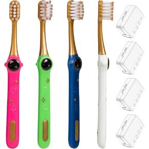 Kids Toothbrush - Pack of 4 Galactic Adventures Style, Soft Bristles with Toothbrush Caps, Children Sized Brush Heads (3-10 Year Old), Girl & Boy Set