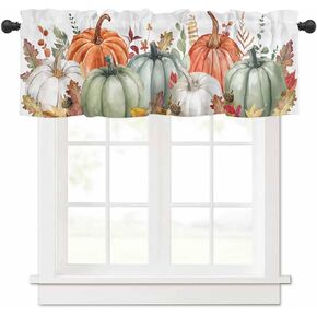 Fall Window Valance Grey White Pumpkins Window Treatment Sage Green Orange White Pumpkins Leaves Fall Botanical Rod Pocket Curtain Valance,54x18 inch Thanksgiving Kitchen Valance for Bathroom Cafe