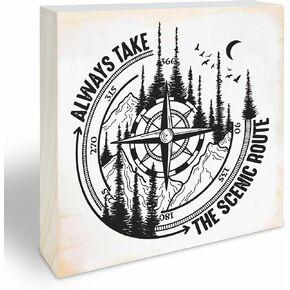 Pine Wood Block Sign, Always Take The Scenic Route, Hiking & Views Wooden Plaque For Living Room, Tabletop Decorative Gift, Farmhouse, Home & Office Decorations (4" X 4" X 0.8") - F15