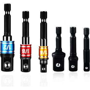 Impact Grade Power Drill Socket Adapter Sets 6 PCS, 50mm-73mm Long Impact Socket To Drill Adapter Set 1/4" 3/8" 1/2" Hex Shank Impact Driver Bit Set Socket Holder, Black Drill Bit Attachments -BCS6