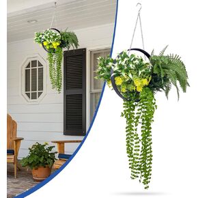 1 Pieces Artificial Hanging Flower Basket Fake Hanging Floral Basket Greenery Plant for Room Garden Wedding Porch Indoor Outdoor Decoration, Mixed Green 02 with Black Frame