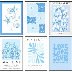 Blue Henri Matisse Wall Art Decor Abstract Aesthetic Boho Neutral Floral Canvas Posters Set 6 Pieces Light Bluey Preppy Flower Market Poster Minimalist Canvas Prints Wall Decor (Blue 01 Unframed, 8x12x6)