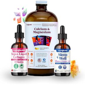 LIQUIDHEALTH Vegan Beauty Sleep Liquid Vitamin Supplement Bundle with Vegan Liquid Collagen + Biotin, Calcium Magnesium Liquid Vitamins, Sleep Well Melatonin Drops - Hair/Skin/Nail Health & Relaxation