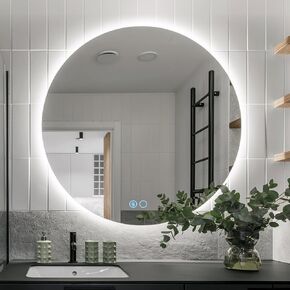 VOWNER 28 Inch Round LED Bathroom Mirror, 3 Colors Light Dimmable Wall Mounted LED Mirror with Touch Switch, Bathroom Mirror with Lights, Anti-Fog Backlit Lighted Round LED Mirror for Bathroom, CRI90+