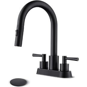 Bathroom Sink Faucet with Pull Down Sprayer 2 Handles, Matte Black Bathroom Faucet 3 Holes, 4 Inch Black Faucet Bathroom with 360 Degree Swivel Spout, Pop Up Drain Assembly Included