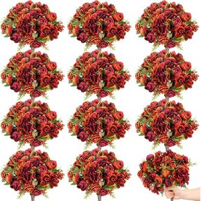 XunYee 12 Bundles Artificial Fall Flowers Fake Roses Silk Bouquets Fall Fake Flower Bulk Autumn Faux Flowers Arrangements Fall Wedding Decorations for Bridal Baby Shower Table Floral Centerpieces