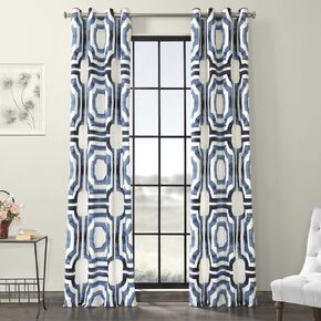 HPD نصف السعر ستائر جروميت مطبوعة هندسية ستائر قطنية فاخرة بطول 120 بوصة (لوحة واحدة) ستائر نافذة تعتيم الغرفة لغرفة النوم وغرفة المعيشة، 50 عرض × 120 طول، مكة هندسية زرقاء in Kuwait