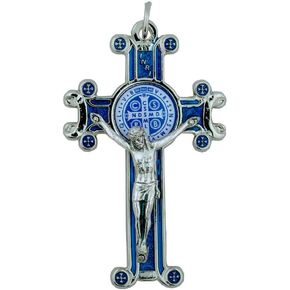 3" St. Benedict Pectoral Crucifix Cross | Blue or Green | Comes with Informational Booklet of St. Benedict | Beautiful Shining Silver Metal | Christian Jewelry