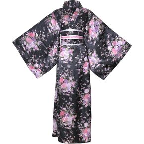HUAHUA Kimono Costume Floral Print Geisha Yukata Long Robe Japanese Bathrobe Sleepwear Belt with Bow Outfit