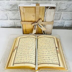 Muslim Prayer Rug,Full Arabic Thermo Leather Covered Quran(8 * 5.5 inc / 20 * 14 cm) and Prayer Beads I Perfect Islamic Gift I Muslim for Men&Women I Soft Islamic Prayer Mat | Luxury Gifts (Gold)