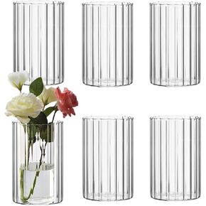 Glass Cylinder Vases Set of 6 Clear Ribbed Glass Vases for Flowers,6 inch Tall Modern Floating Candle Vase Decor, Decorative Hurricane Candle Holders for Home Wedding Table Centerpieces Decor