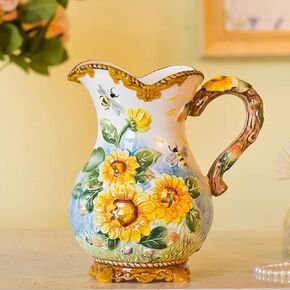 Large Ceramic Water Pitcher Flower Vase, Hand-Painted Sunflower and Bee Home Decor Bouquet Holder-8.7H Inches