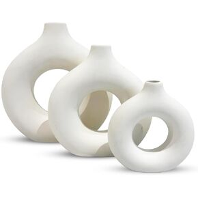 Set of 3 Nordic Style White Ceramic Donut Shaped Vases - Minimalist Round Decorative Vases for Flowers, Pampas Grass, and Succulents - Perfect for Modern Home Decor, Centerpieces, and Gifts