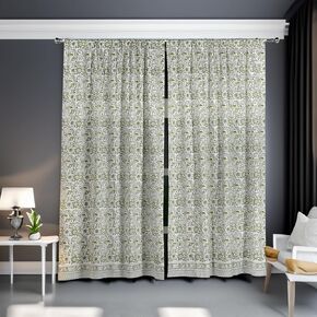 CPC Curtains 100% Cotton Block Print Curtain Living Room Curtains (Set of 2) Easy Hanging with a Rod Pocket for Farmhouse, Office & Living Rooms, Dining Room Drapes (Agate Green, 52x104 Inches)