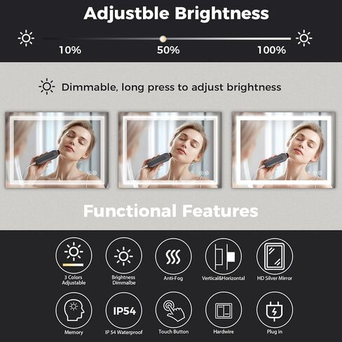 Essbhach 20 x 28 Inch LED Bathroom Mirror with Lights, Anti Fog Lighted Bathroom Vanity Mirror for Wall with 3 Colors, Front Lit, Dimmable LED Lighted Mirror, Memory Function, Horizontal or Vertical in Saudi Arabia
