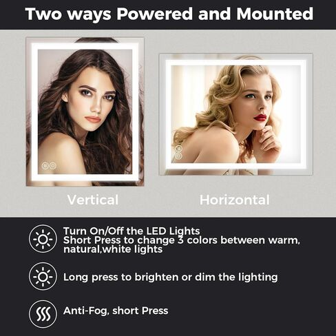 Essbhach 20 x 28 Inch LED Bathroom Mirror with Lights, Anti Fog Lighted Bathroom Vanity Mirror for Wall with 3 Colors, Front Lit, Dimmable LED Lighted Mirror, Memory Function, Horizontal or Vertical in Saudi Arabia