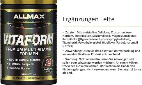 ALLMAX VITAFORM - 60 قرصًا - فيتامينات متعددة ممتازة للرجال - ستة مجمعات وظيفية + فيتامين C وD3 والزنك - 30 وجبة in Saudi Arabia